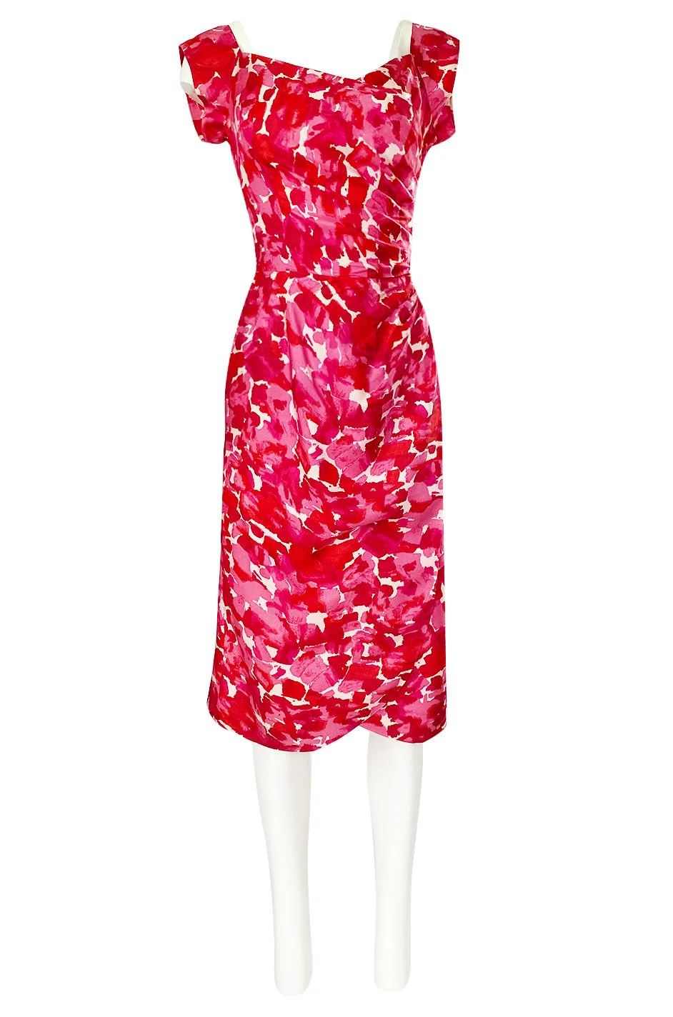 1940s Peggy Wood Pink Printed Silky Rayon Crepe Hawaiian Sarong Dress