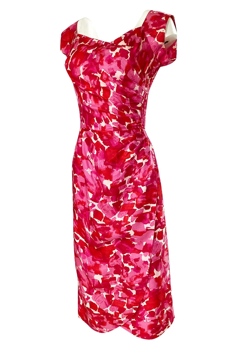 1940s Peggy Wood Pink Printed Silky Rayon Crepe Hawaiian Sarong Dress