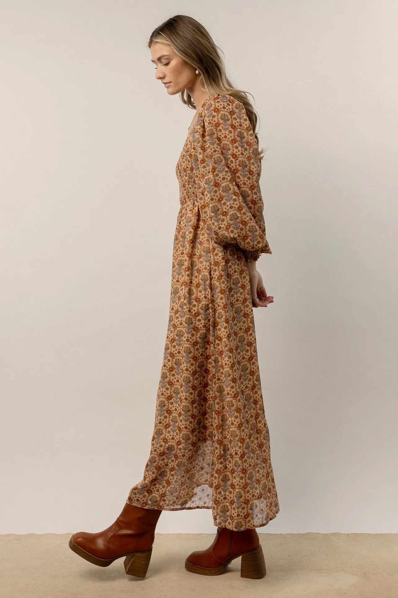 Averie Floral Midi Dress in Camel - FINAL SALE