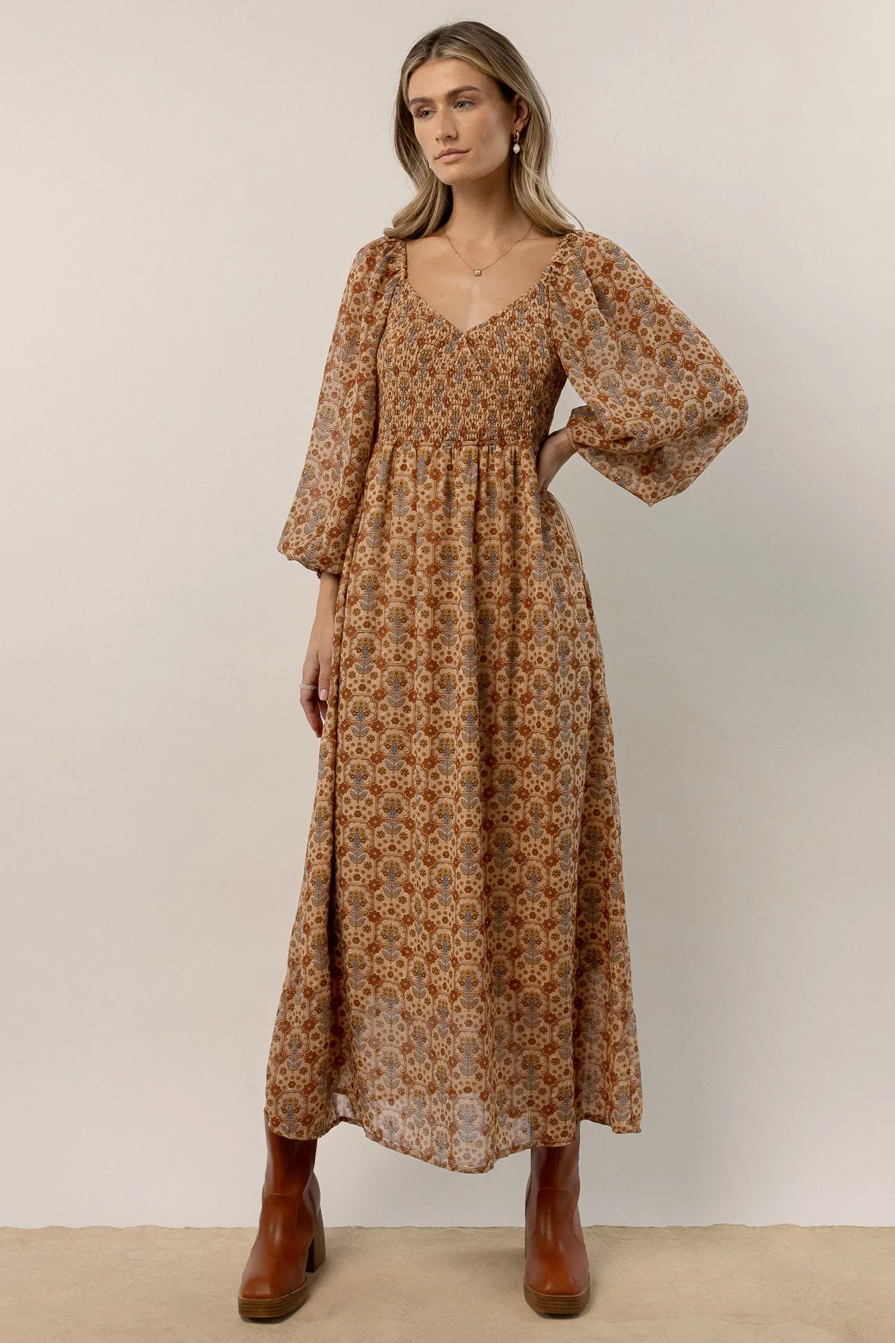 Averie Floral Midi Dress in Camel - FINAL SALE