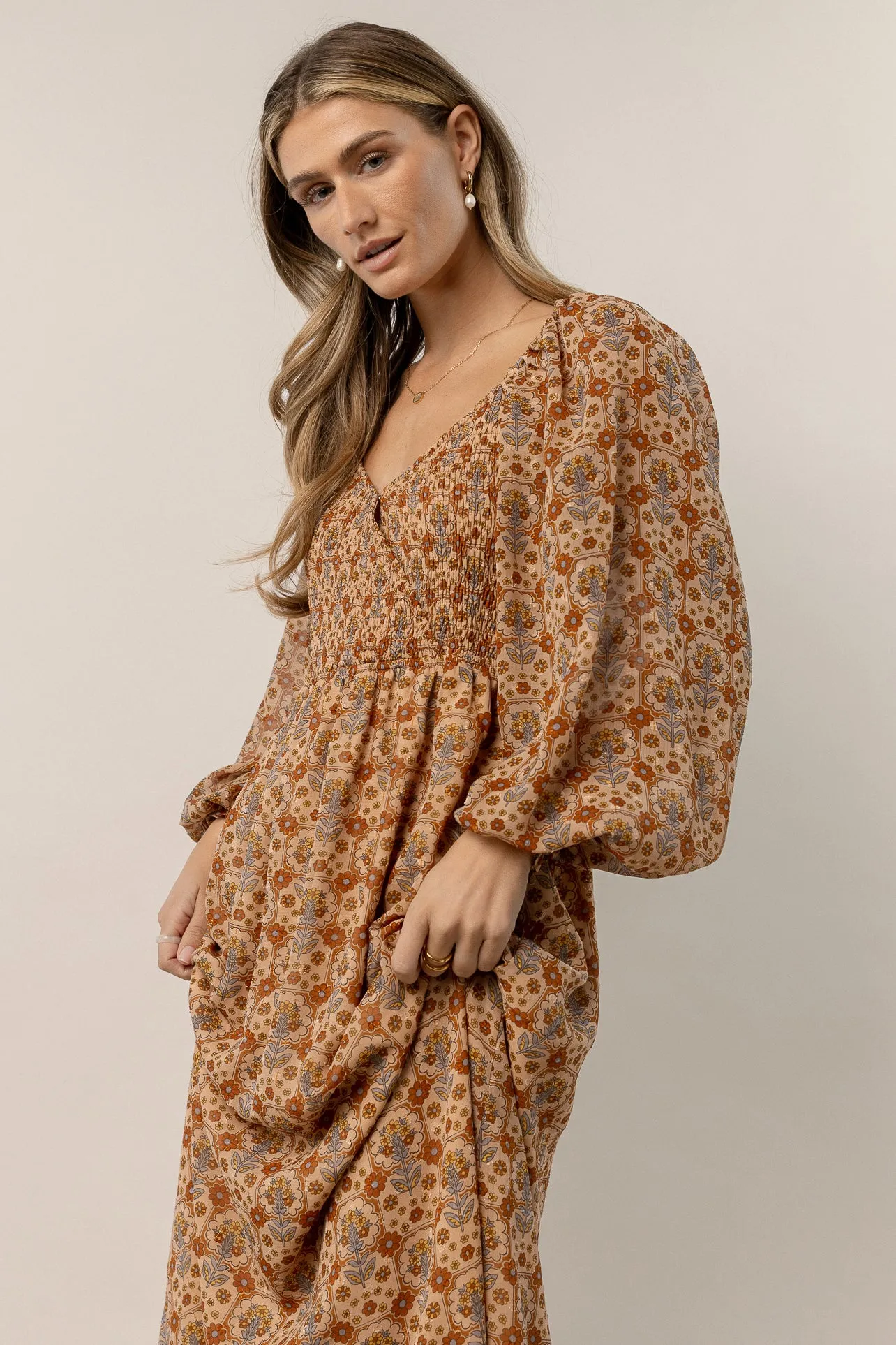 Averie Floral Midi Dress in Camel - FINAL SALE