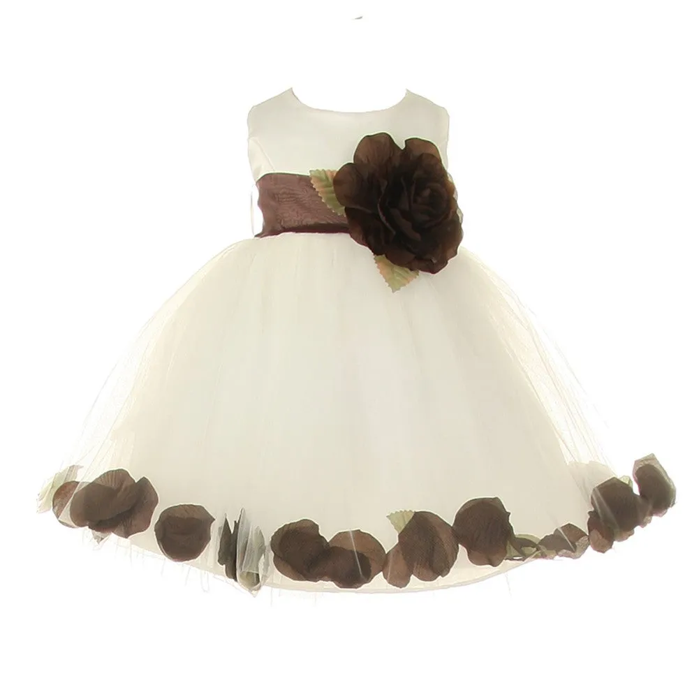 Baby Girls Ivory Brown Petal Adorned Satin Tulle Flower Girl Dress 6-24M