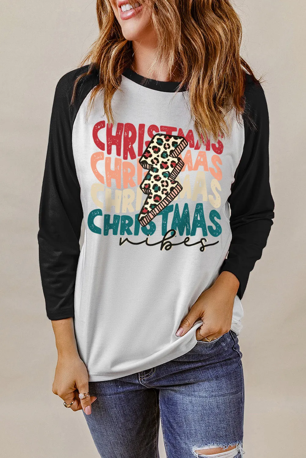 Black Christmas Raglan Sleeve Graphic Top