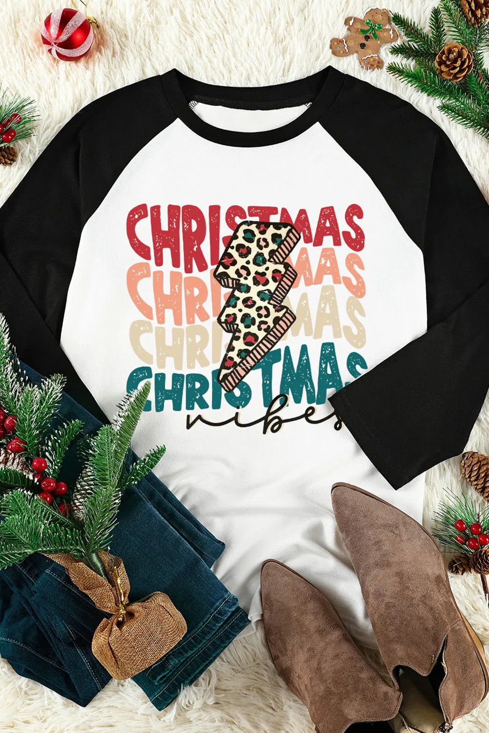 Black Christmas Raglan Sleeve Graphic Top