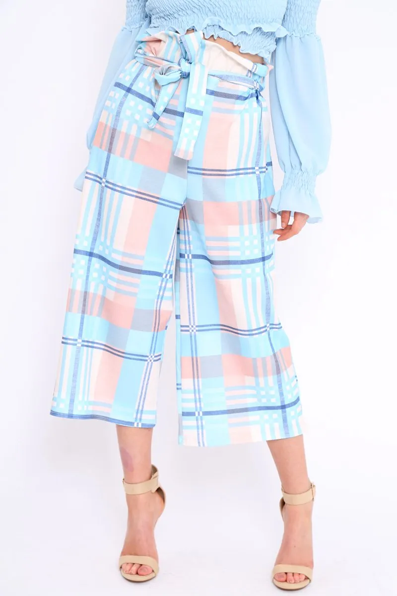 Blue Check Cropped Wide Leg Trousers - Silvia