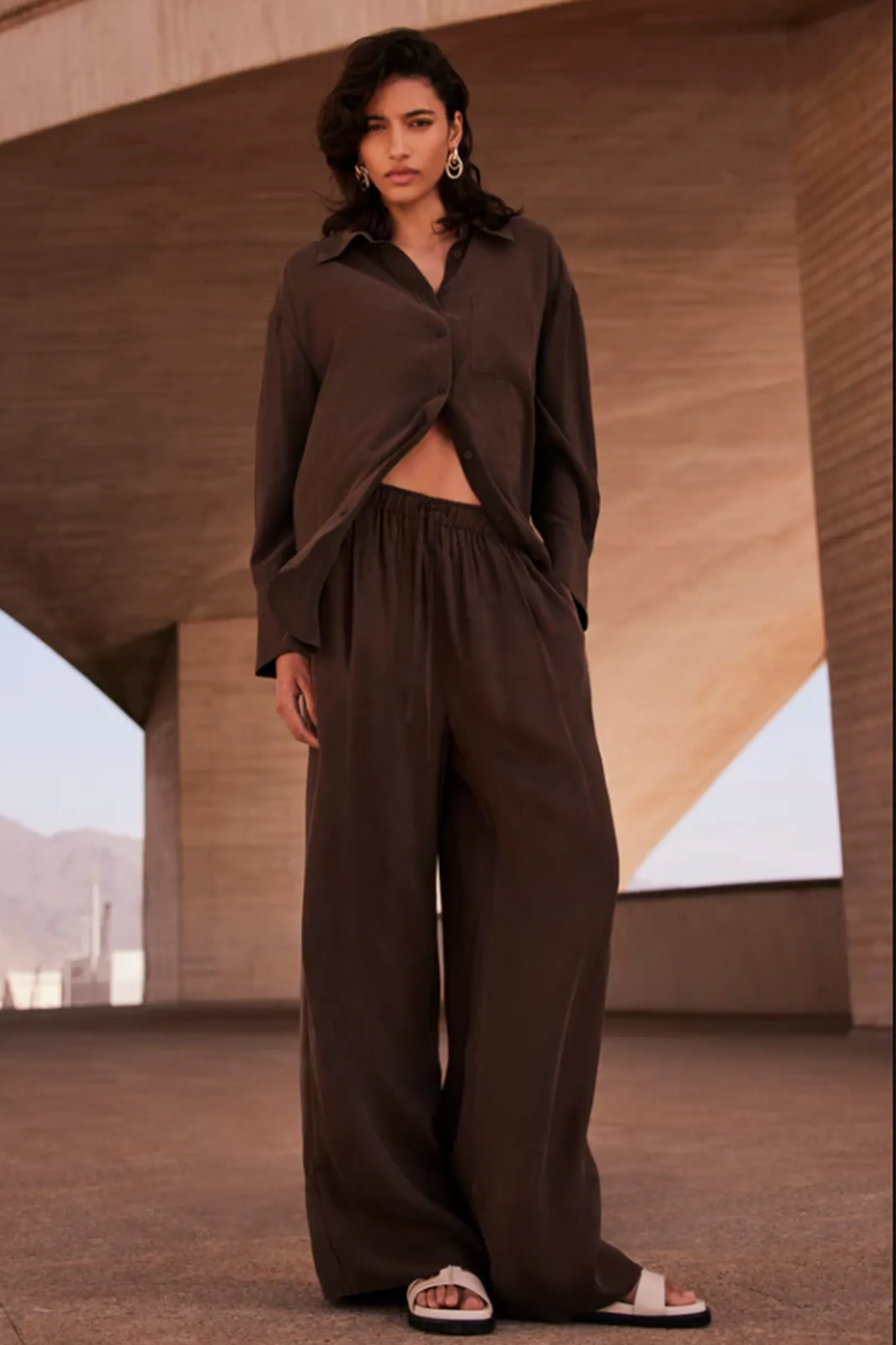 Brown Drawstring Wide Trousers