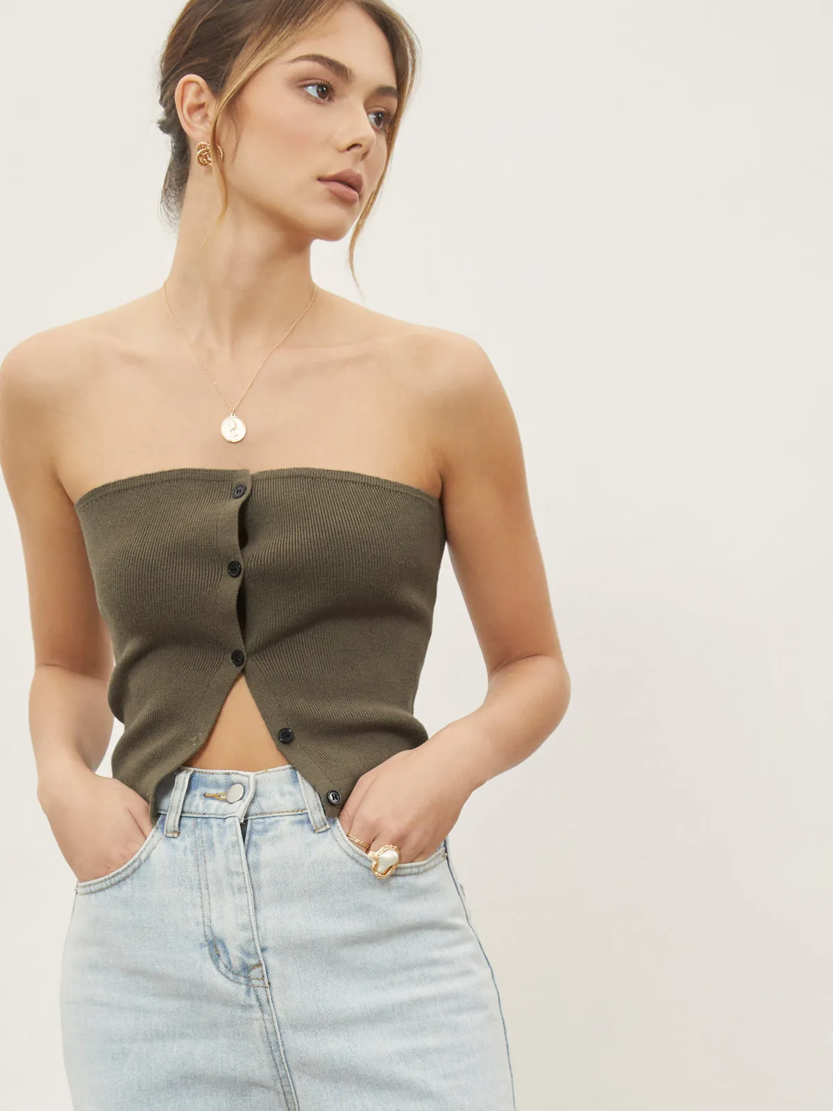 Button Down Knit Trendy Crop Strapeless Tube Top