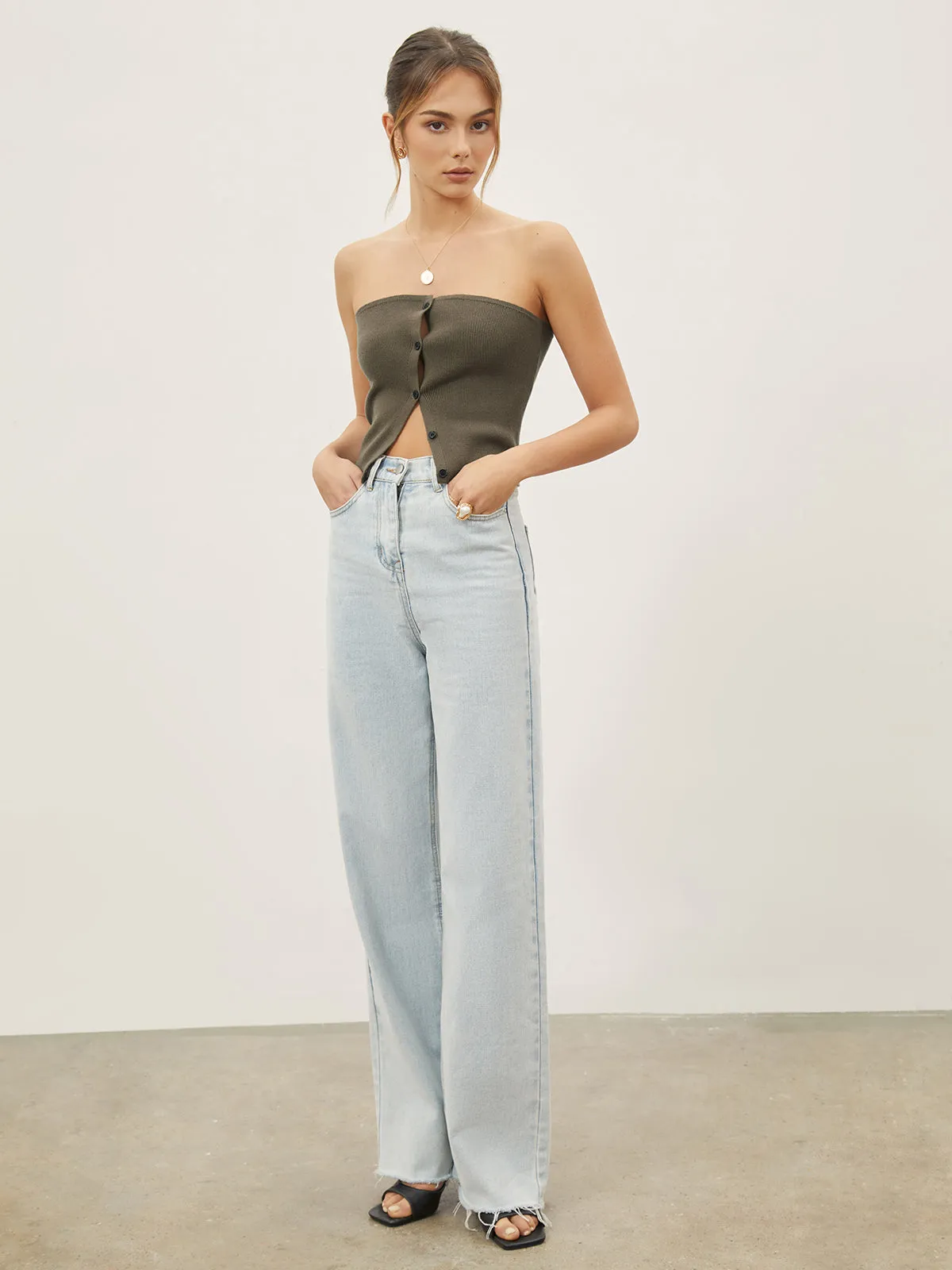 Button Down Knit Trendy Crop Strapeless Tube Top