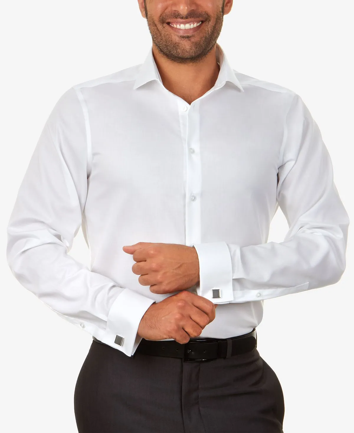 Calvin Klein Men's Slim Fit French Cuff Herringbone Dress Shirt Without Iron