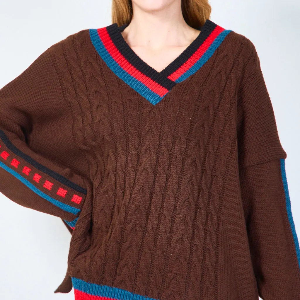 Classic cable knit sweater with striped V-neck wholesale