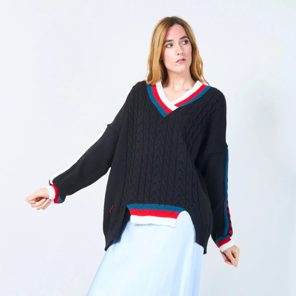 Classic cable knit sweater with striped V-neck wholesale