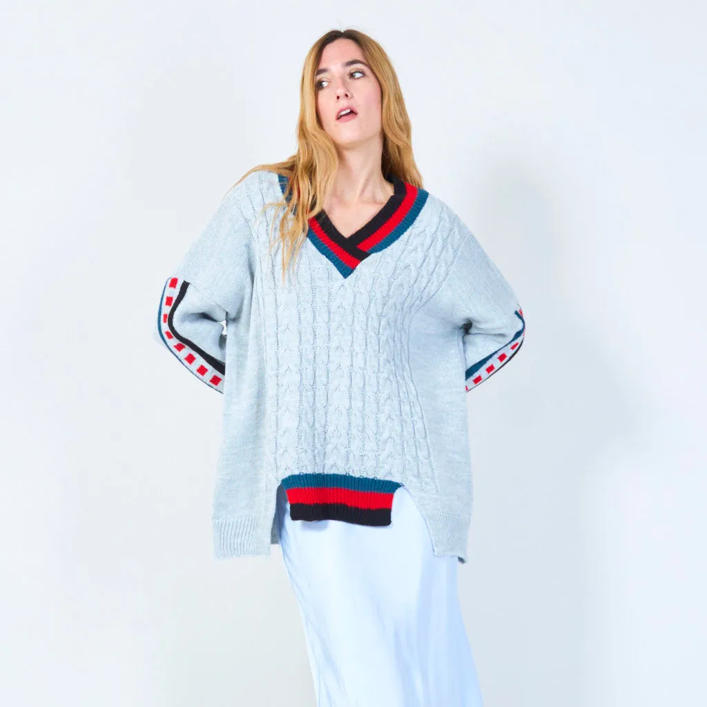 Classic cable knit sweater with striped V-neck wholesale