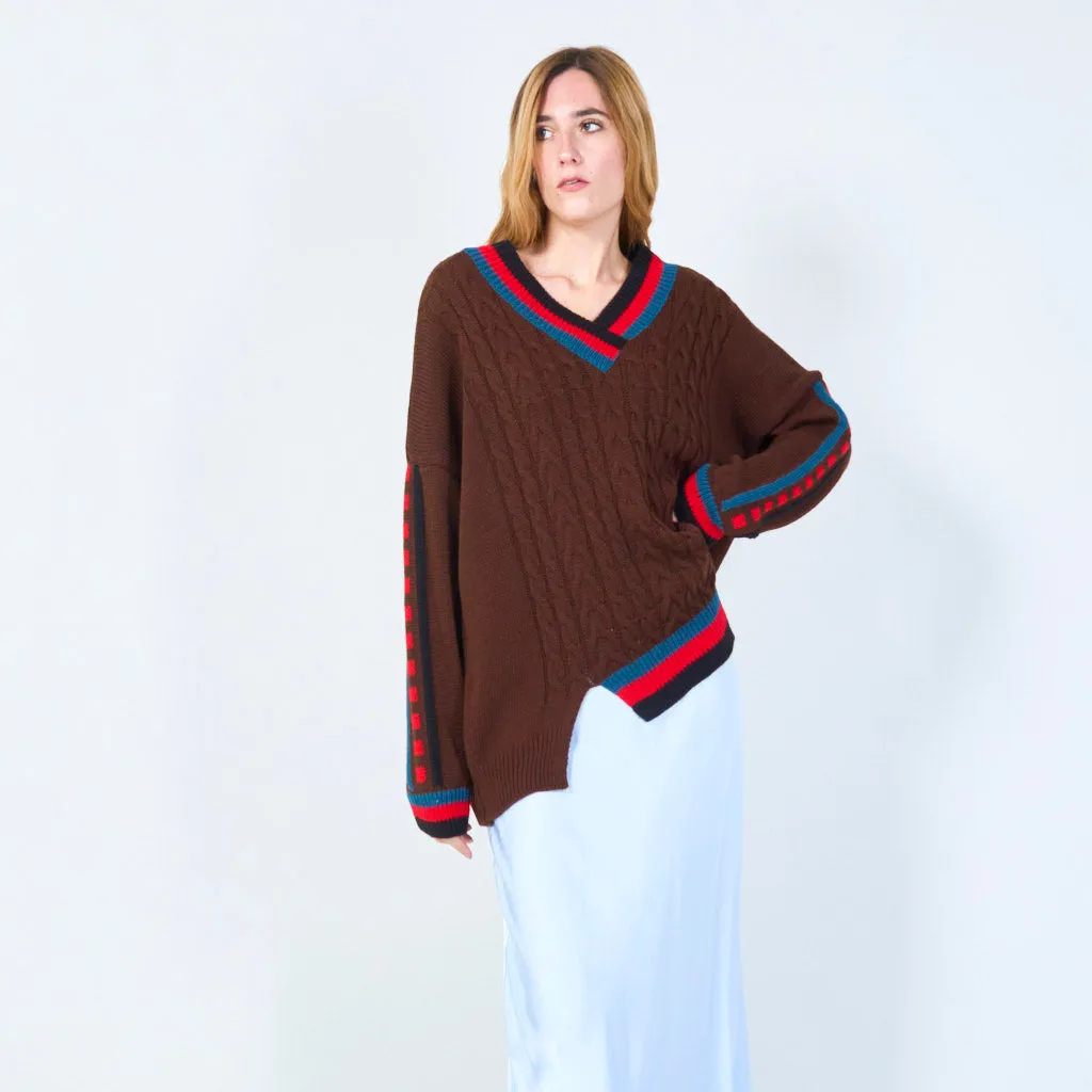 Classic cable knit sweater with striped V-neck wholesale