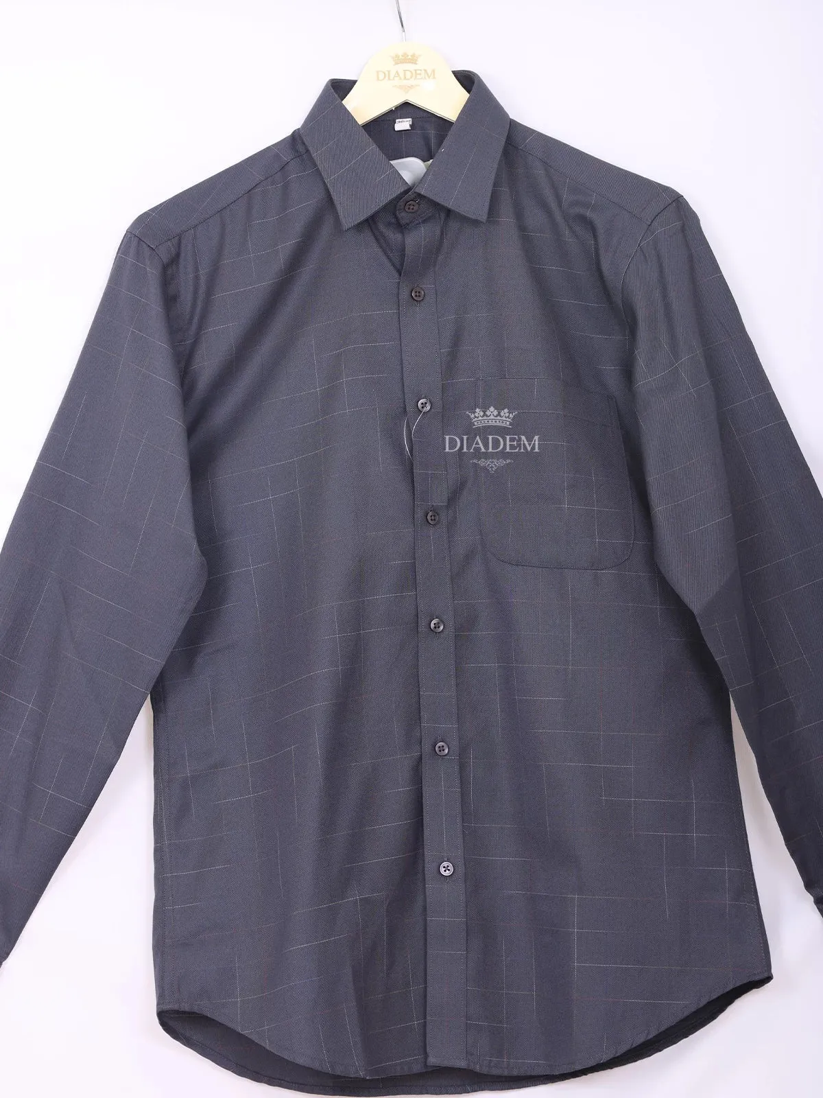 Dark Blue Grey Cotton Formal Shirt with Checked Design