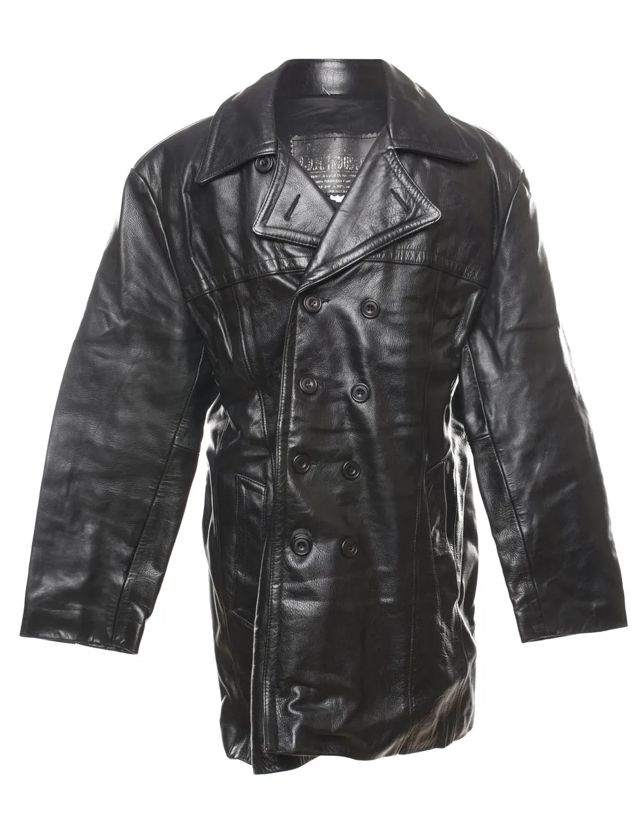 Double-Breasted Black Classic Leather Jacket - XL