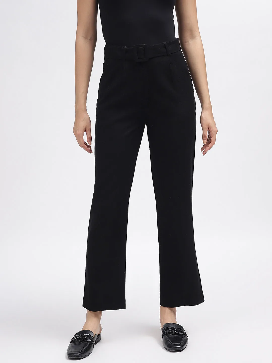 Elle Women Black Solid Straight Fit Trouser