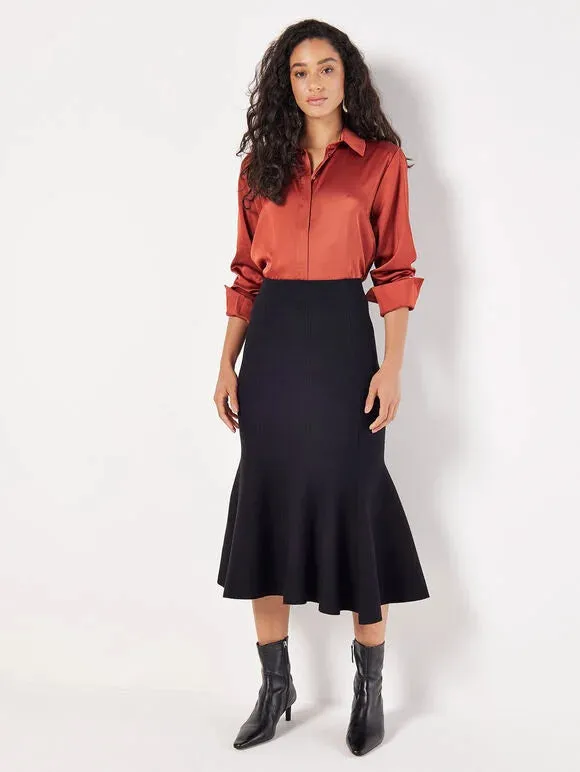 Flute Hem Knitted Midi Skirt