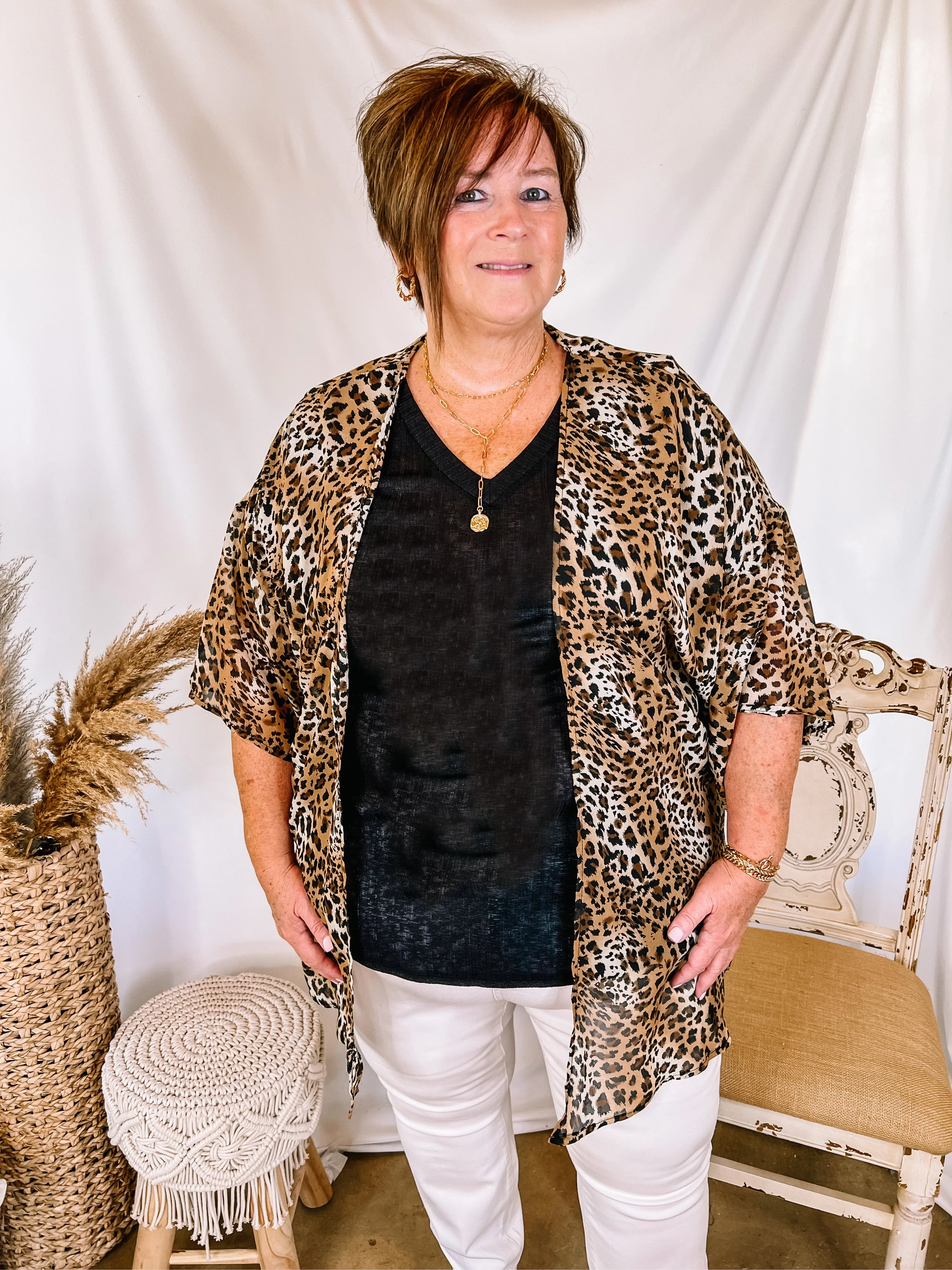 Forever Friends Leopard Print Short Sleeve Kimono in Brown