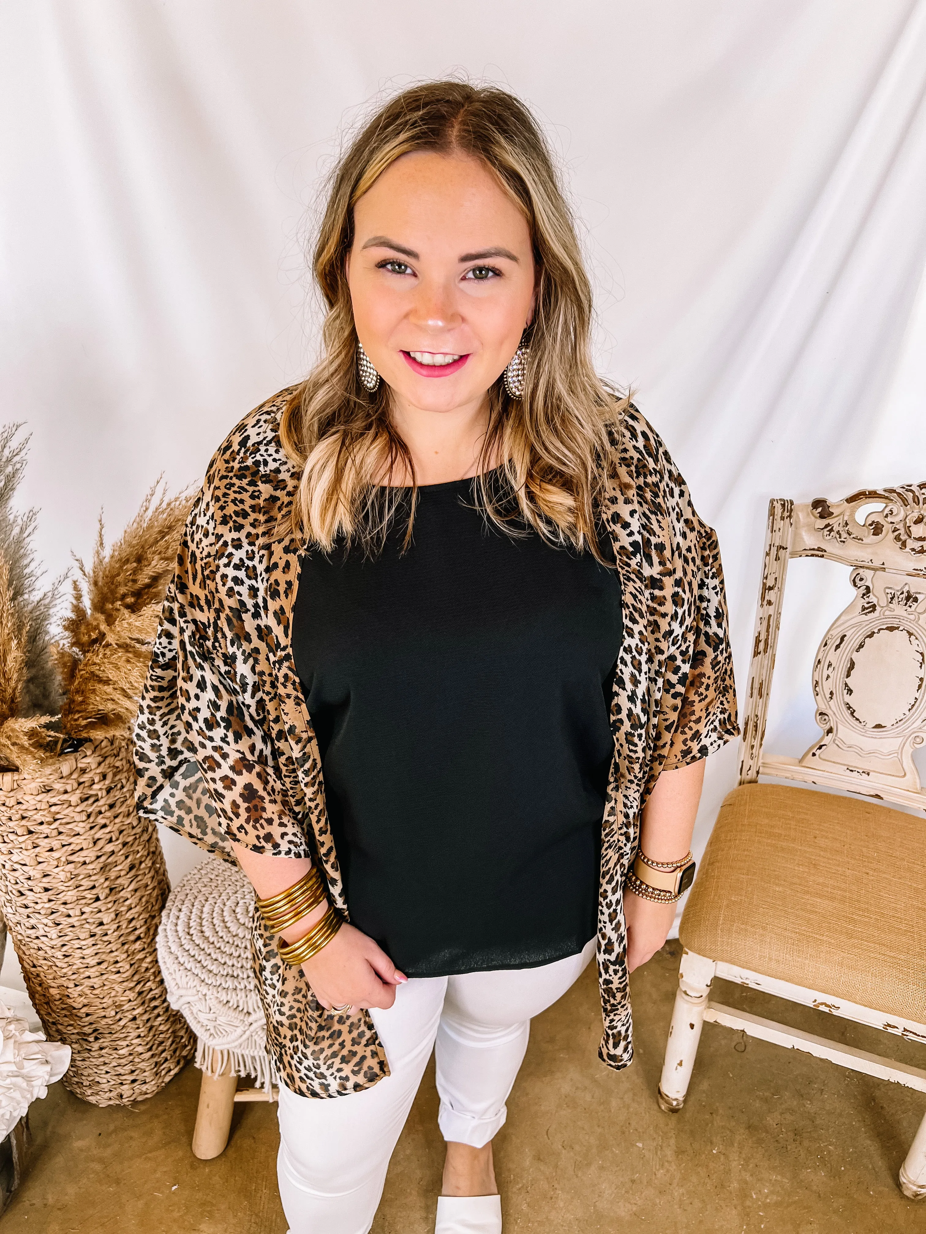 Forever Friends Leopard Print Short Sleeve Kimono in Brown