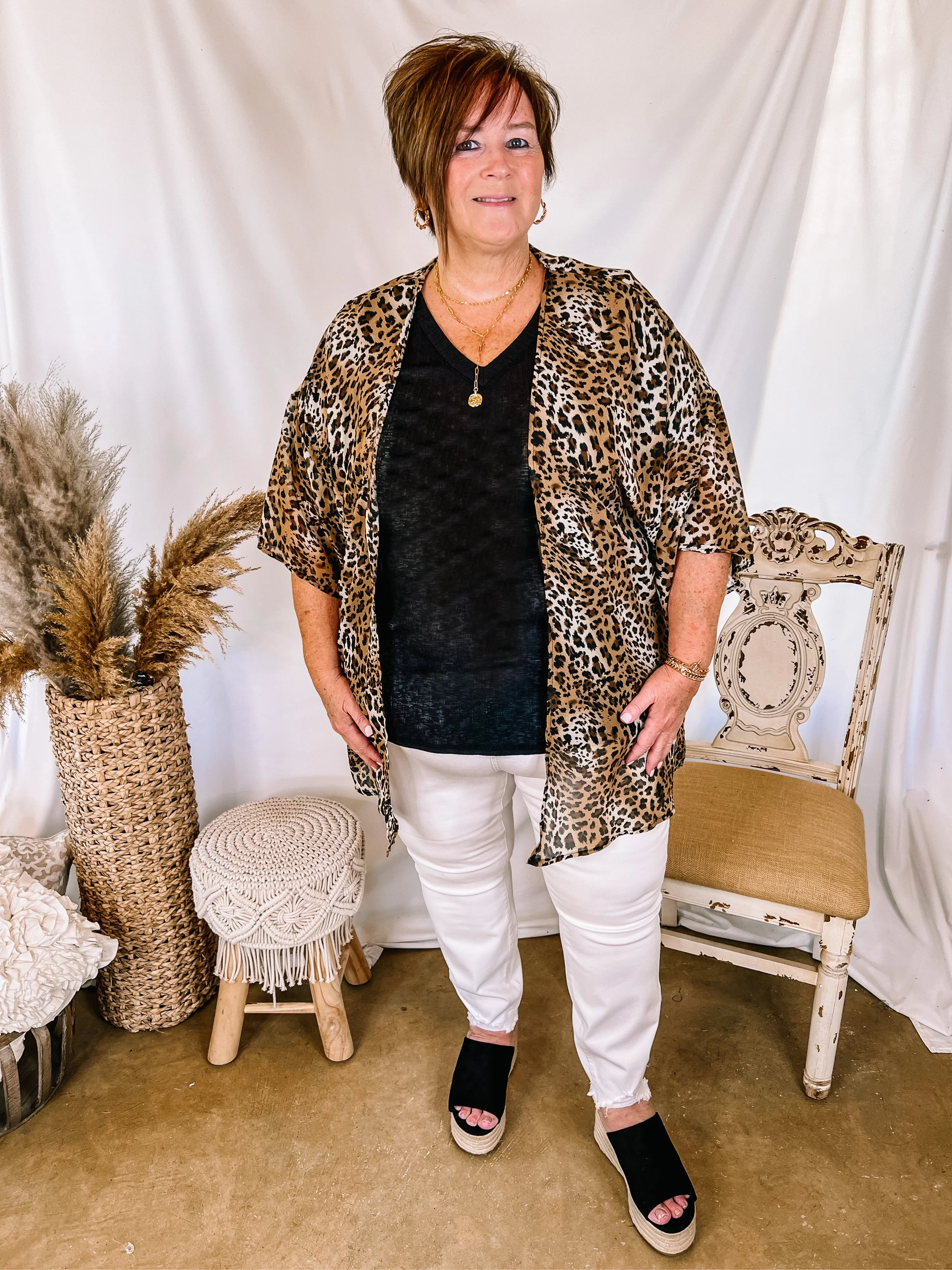 Forever Friends Leopard Print Short Sleeve Kimono in Brown