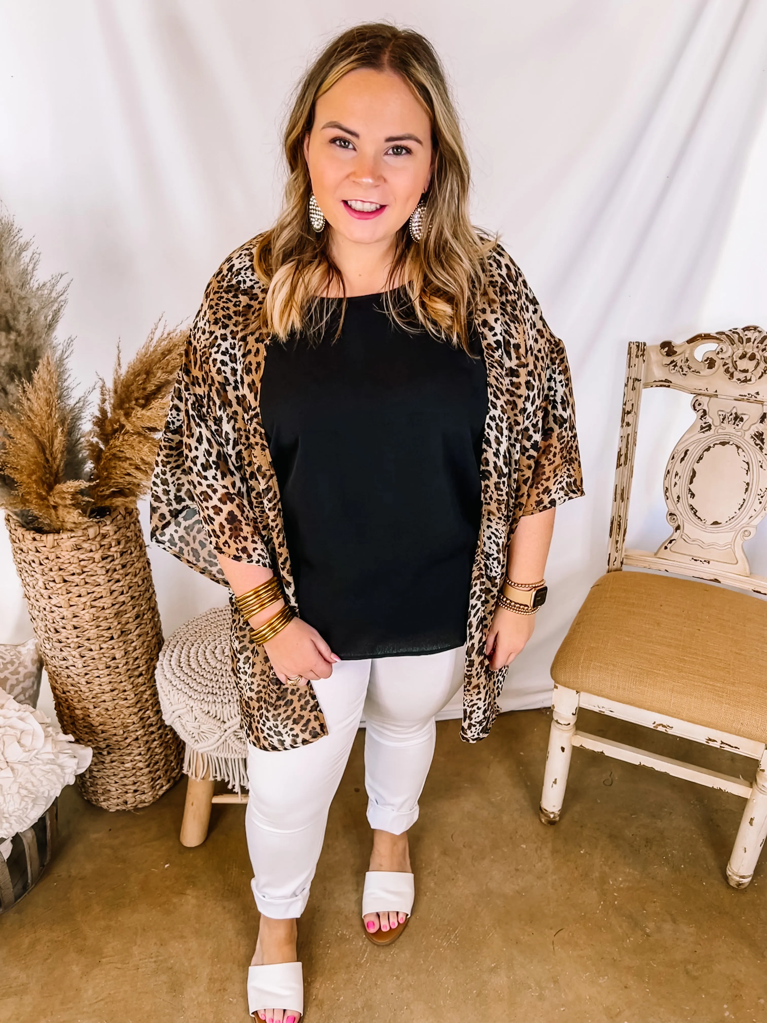 Forever Friends Leopard Print Short Sleeve Kimono in Brown