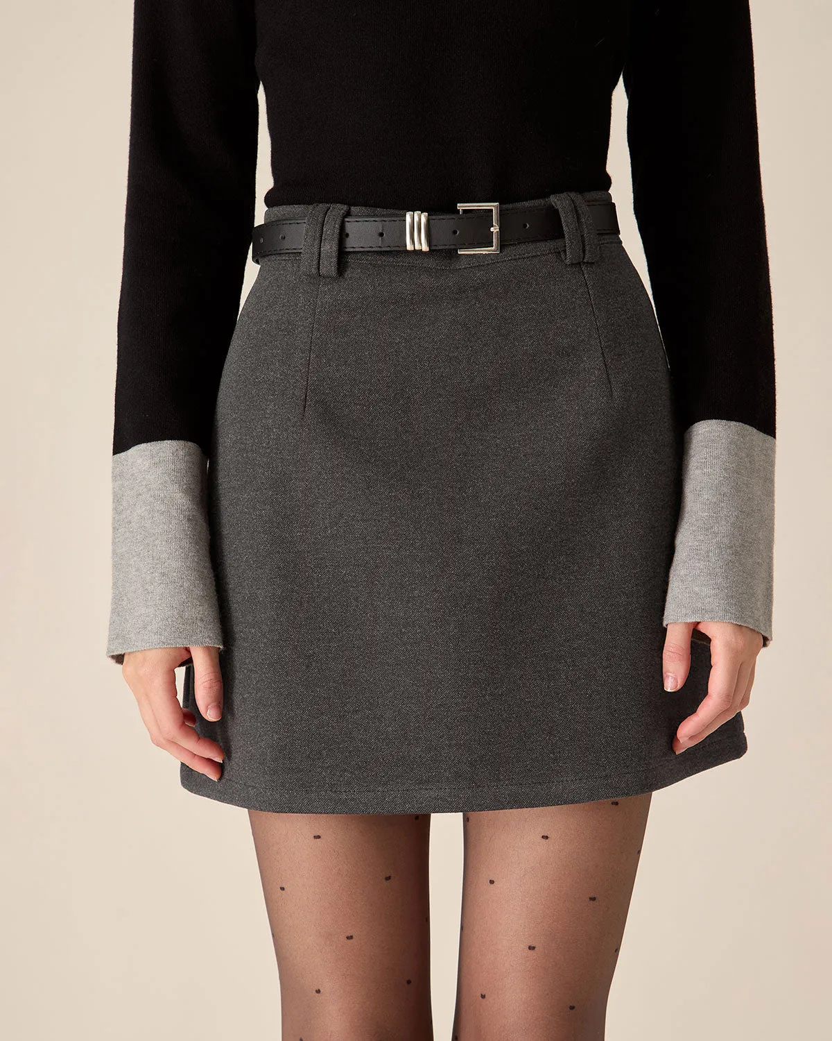 Grey High-waisted Belted Mini Skirt