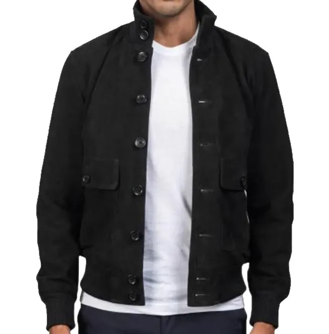 Men Black Suede Leather Bomber Jacket