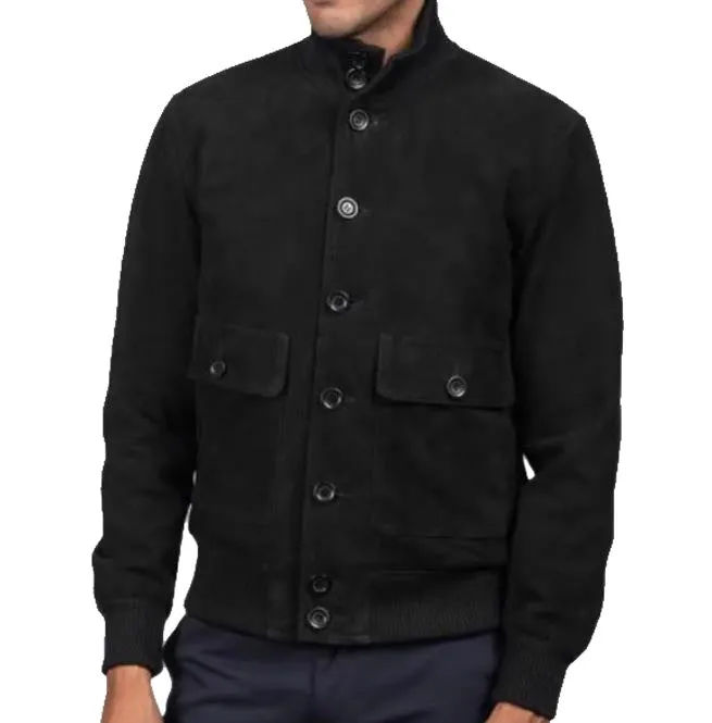 Men Black Suede Leather Bomber Jacket