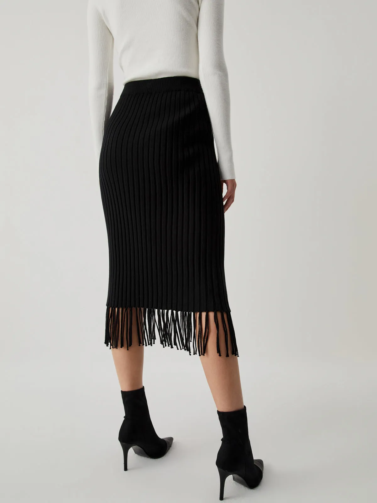 Middle Waist Ribbed Trendy Knit Tassel Midi Skirt