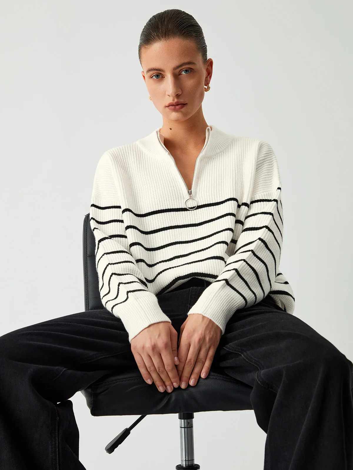 Miss Paris Stripe Trendy Zip Up Sweater