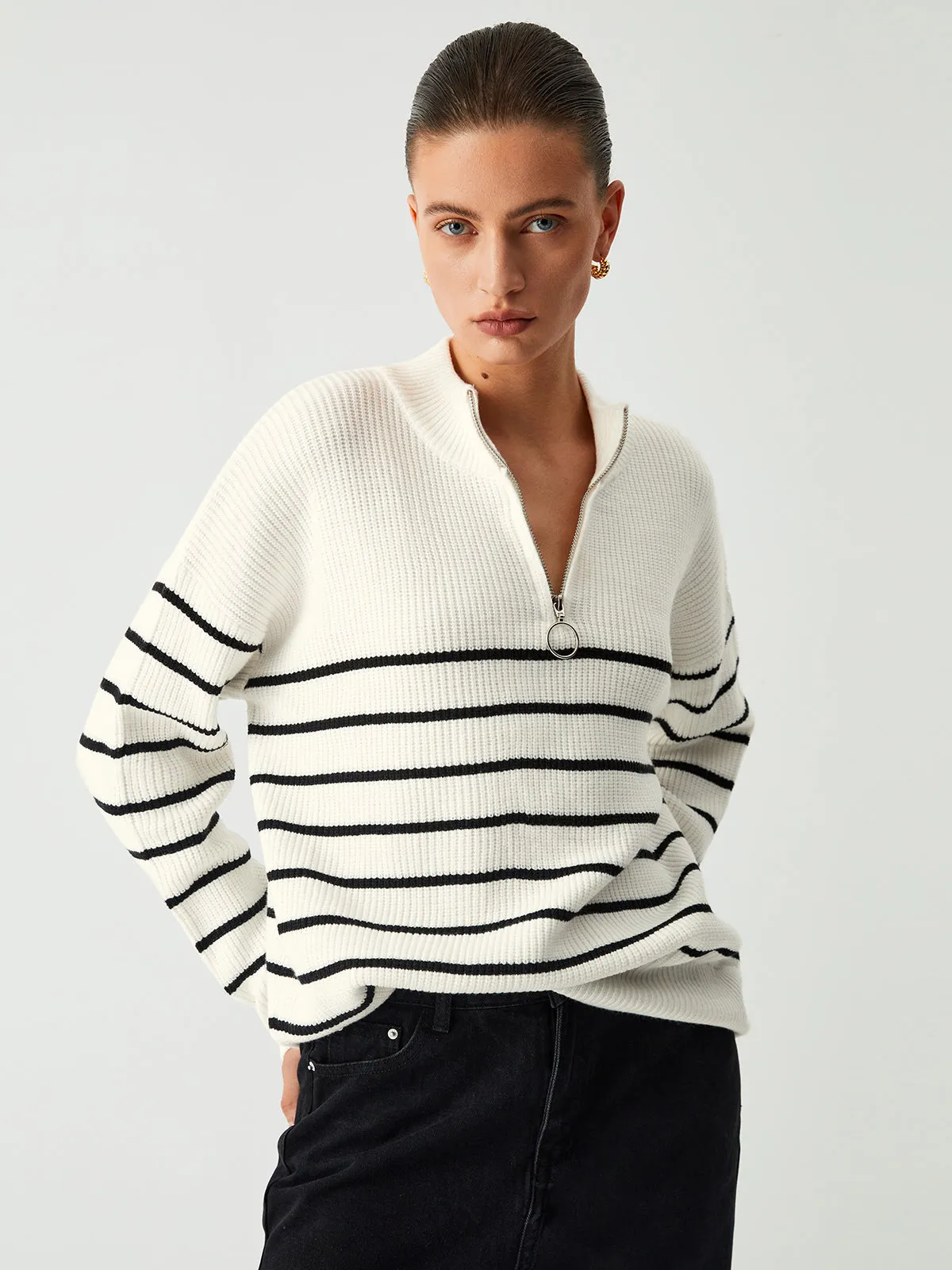 Miss Paris Stripe Trendy Zip Up Sweater