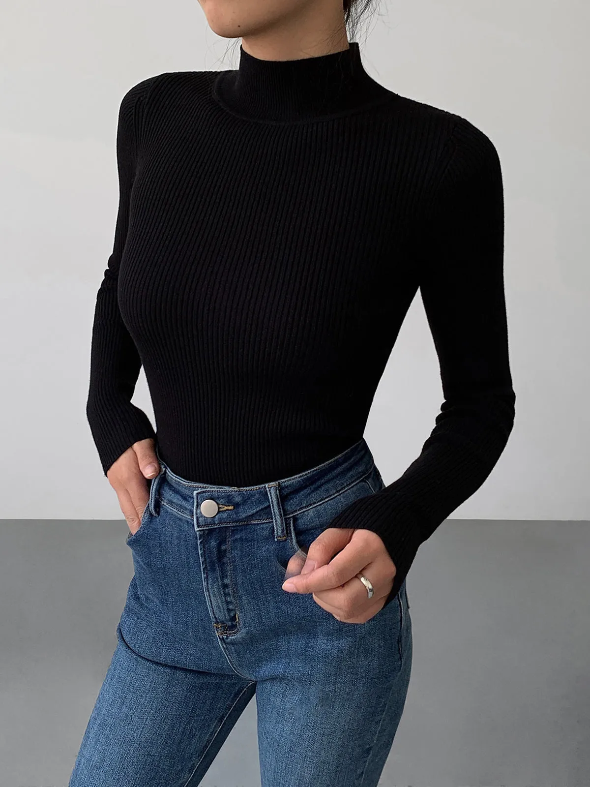 Mock Neck Rib Trendy Long Sleeve Knit Top