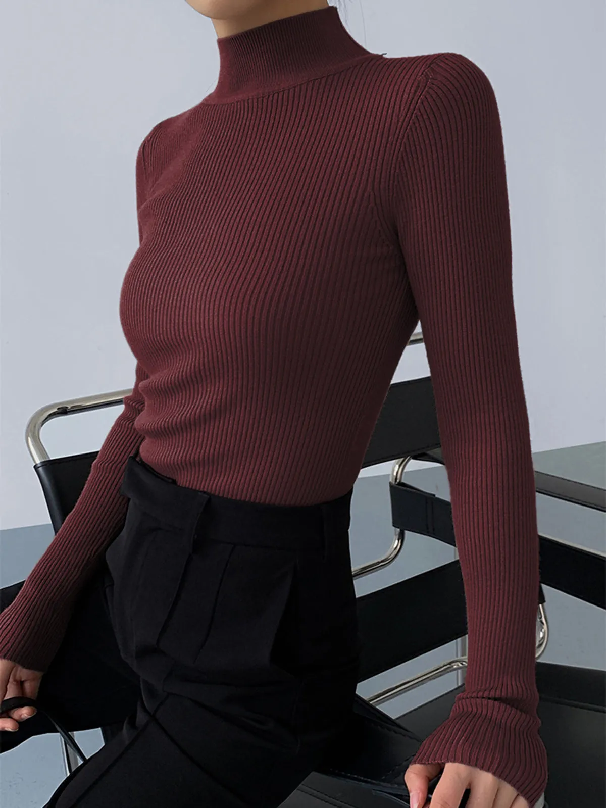 Mock Neck Rib Trendy Long Sleeve Knit Top