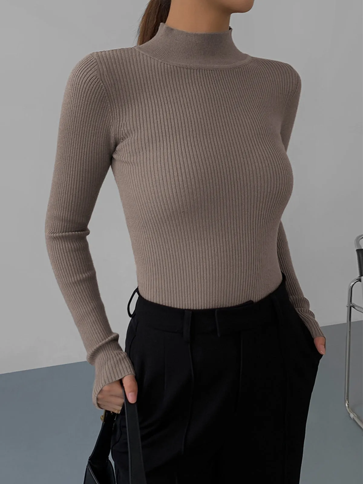 Mock Neck Rib Trendy Long Sleeve Knit Top