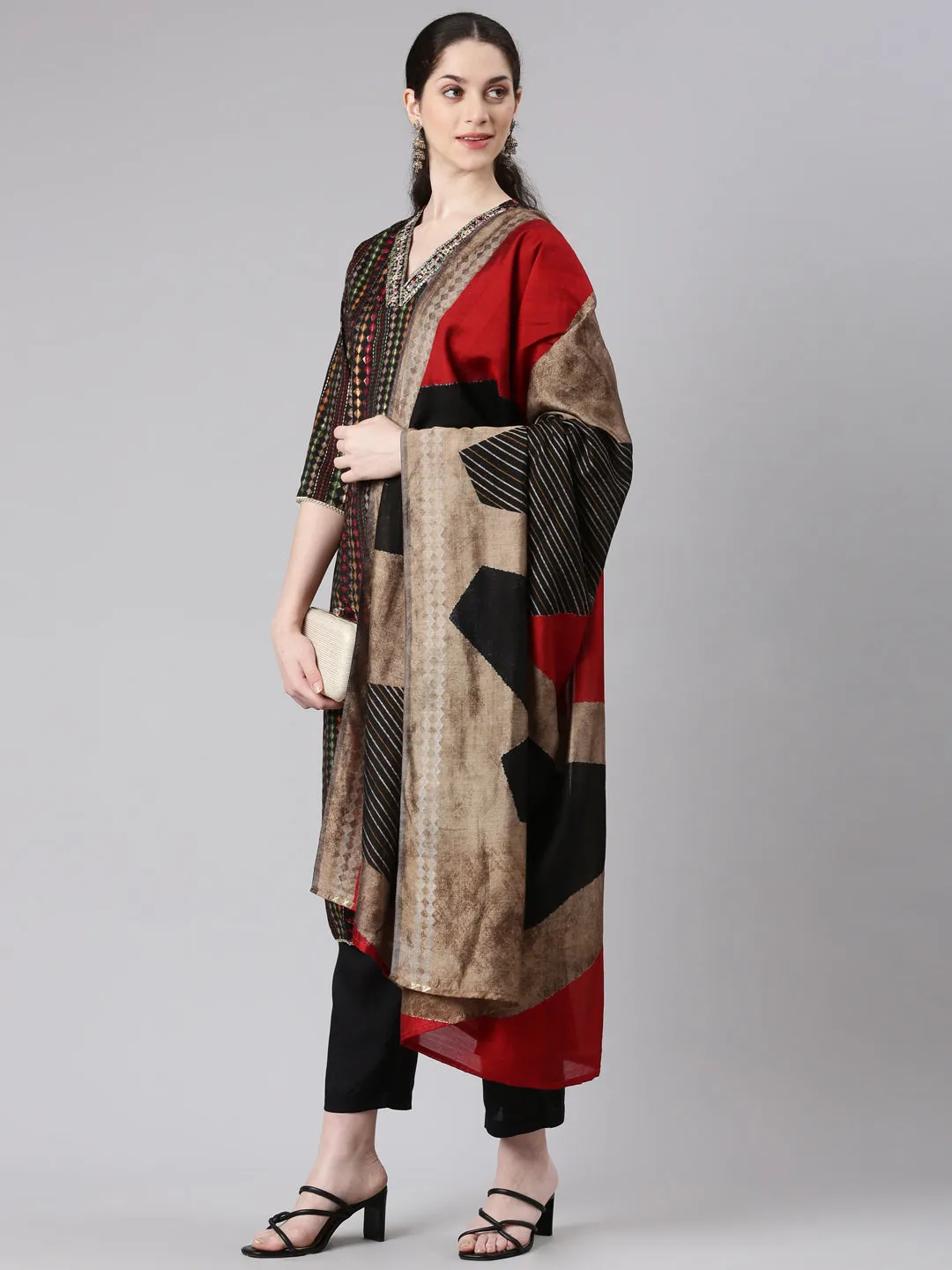 Neerus Women Black Straight Kurta and Trousers With Dupatta