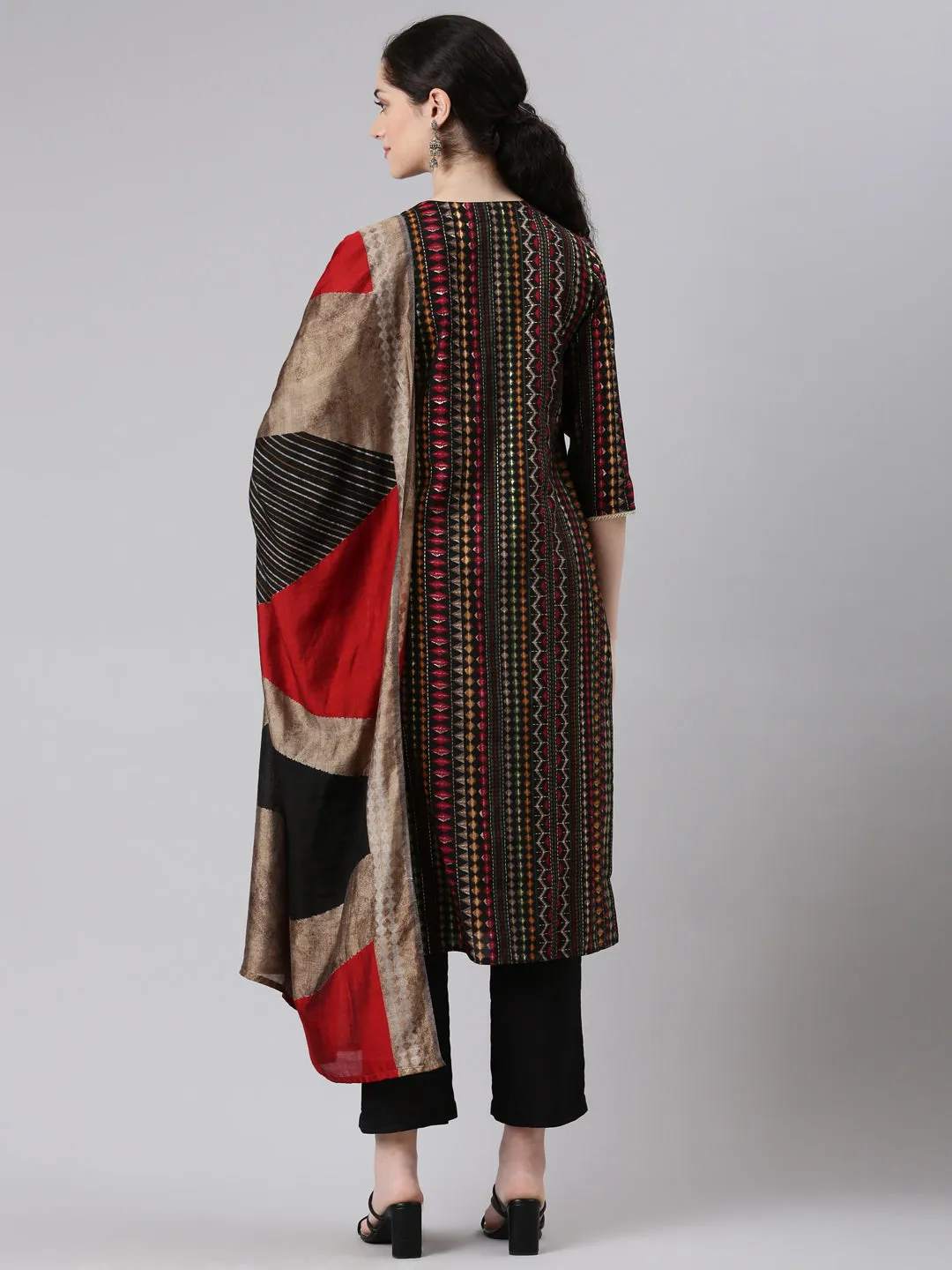 Neerus Women Black Straight Kurta and Trousers With Dupatta