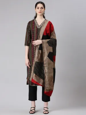 Neerus Women Black Straight Kurta and Trousers With Dupatta