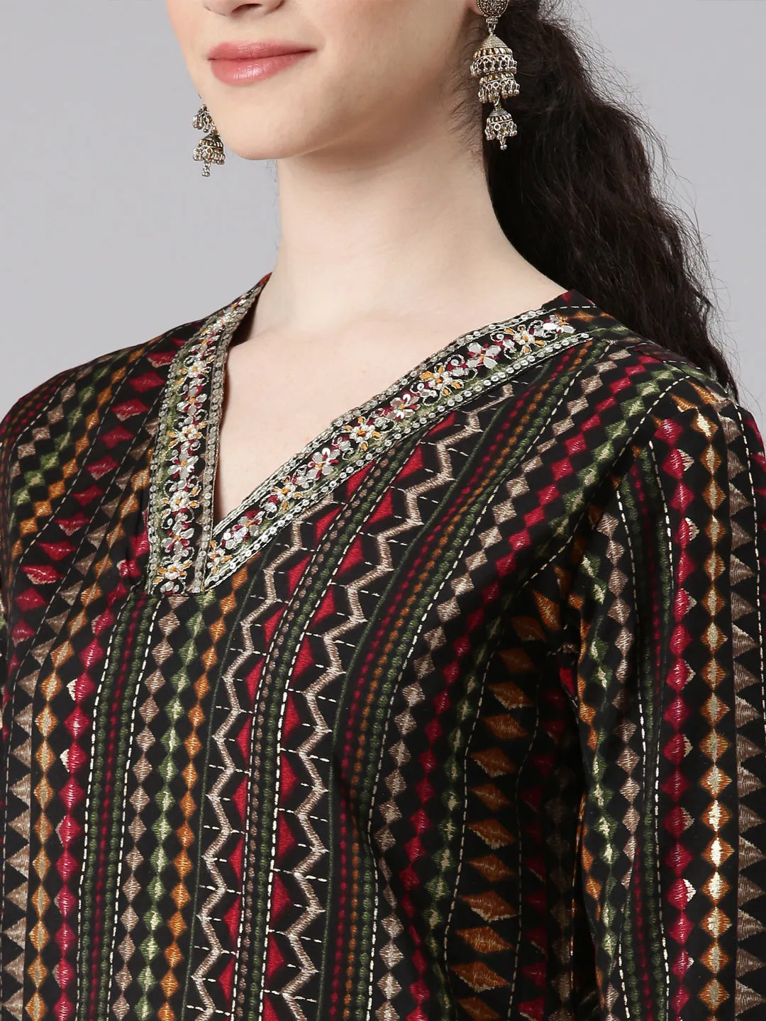 Neerus Women Black Straight Kurta and Trousers With Dupatta