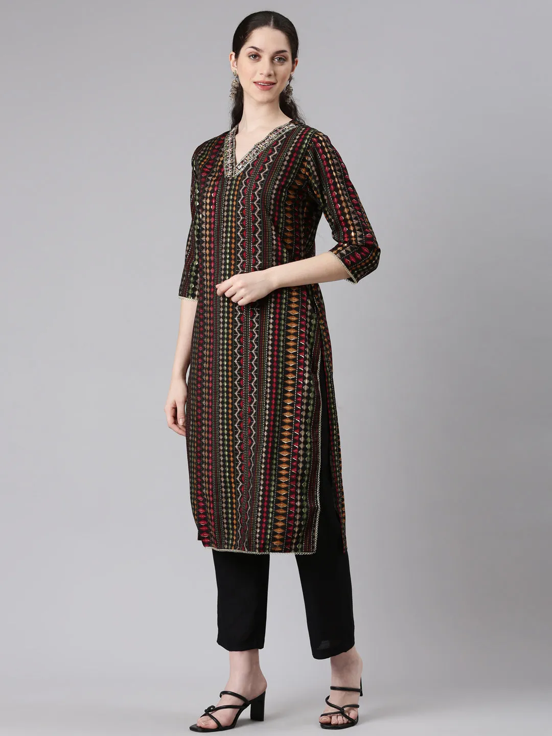 Neerus Women Black Straight Kurta and Trousers With Dupatta