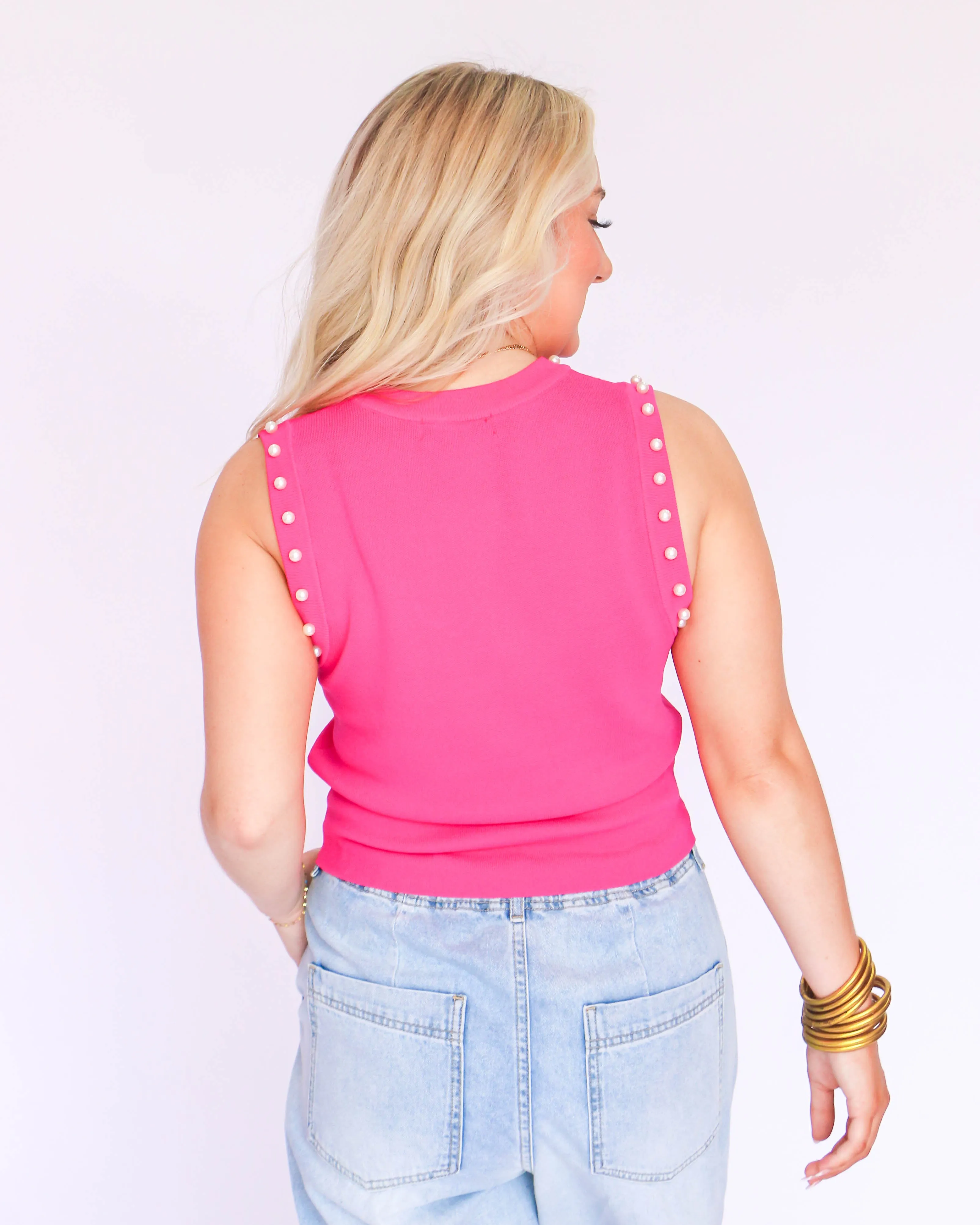 Pink Round Neck Pearl Top