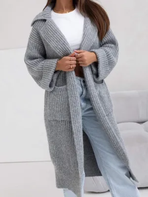 Pocketed Collared Neck Dropped Shoulder Cardigan