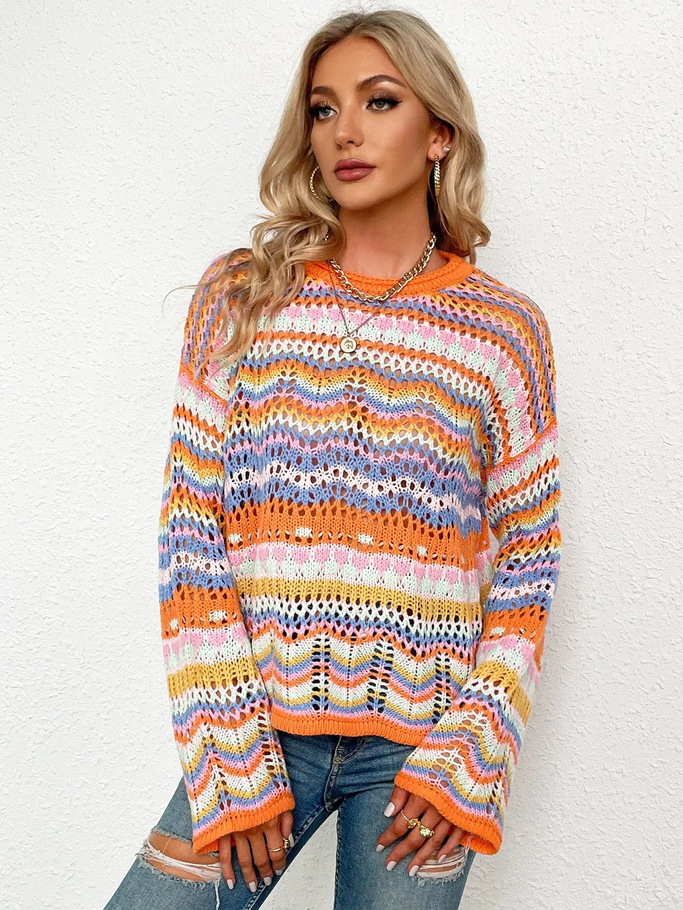 Rainbow Stripe Openwork Flare Sleeve Knit Top