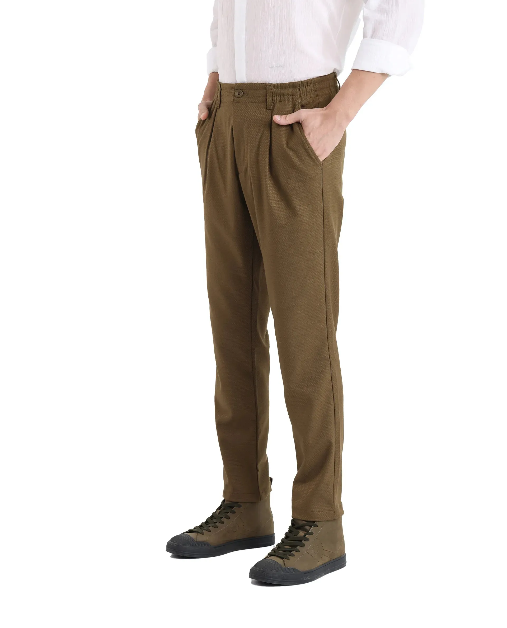 Rare Rabbit Men Tula Light Olive Cotton Fabric Relaxed Fit Elasticated Waistband Plain Trouser