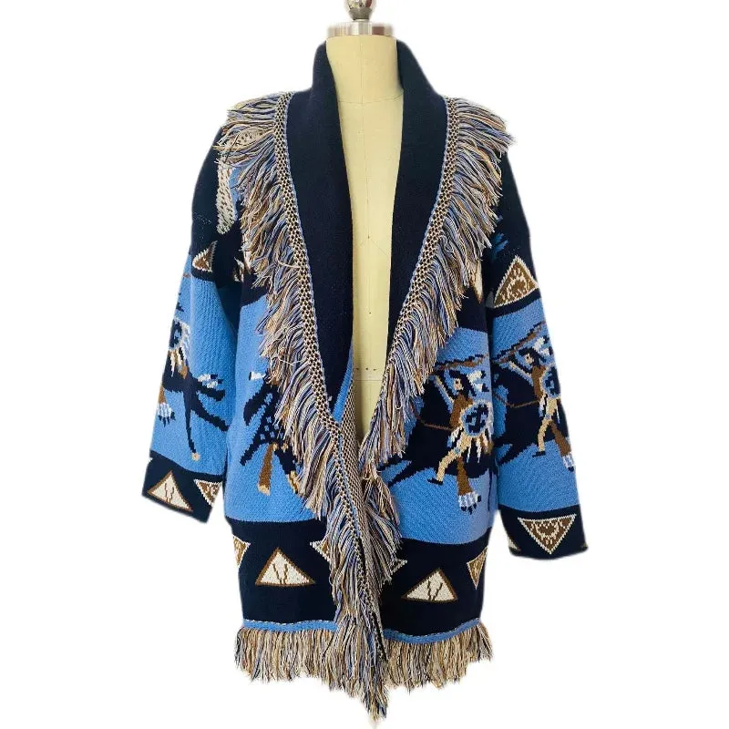 Retro Tassel V-Neck Open Front Cardigan