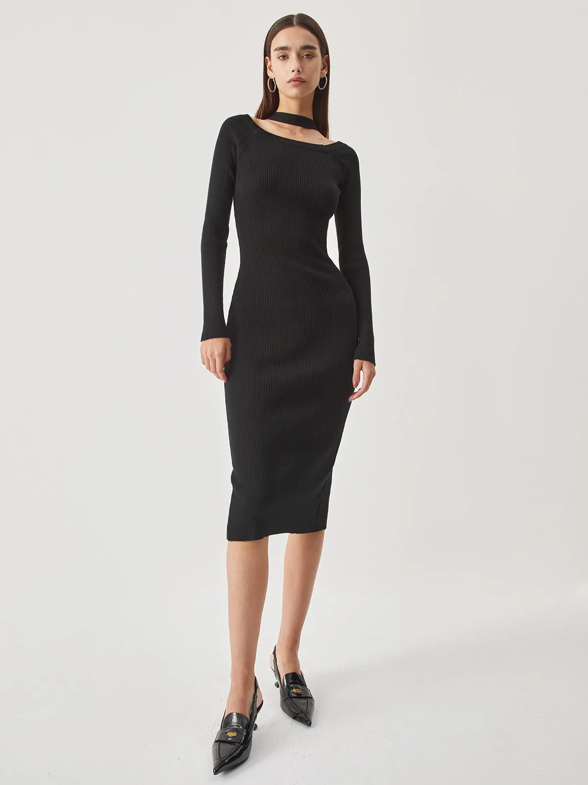 Rib Halter Long Trendy Sleeve Midi Sweater Dress