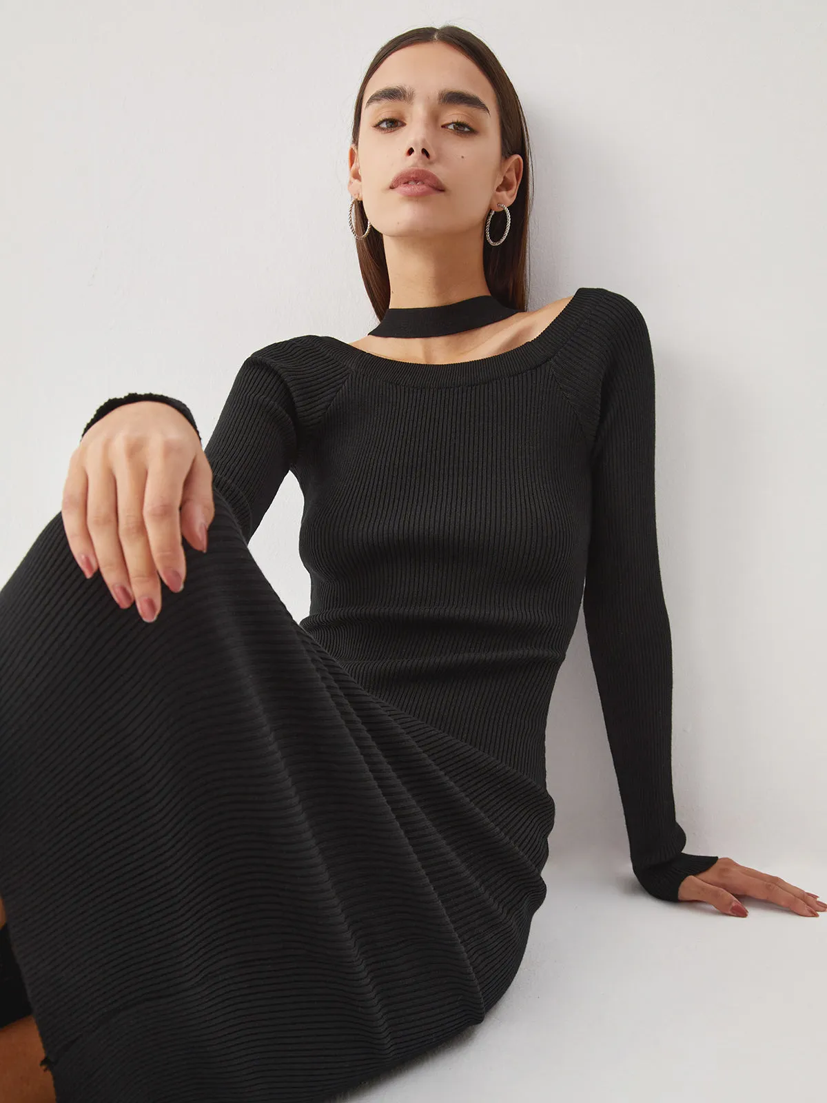 Rib Halter Long Trendy Sleeve Midi Sweater Dress