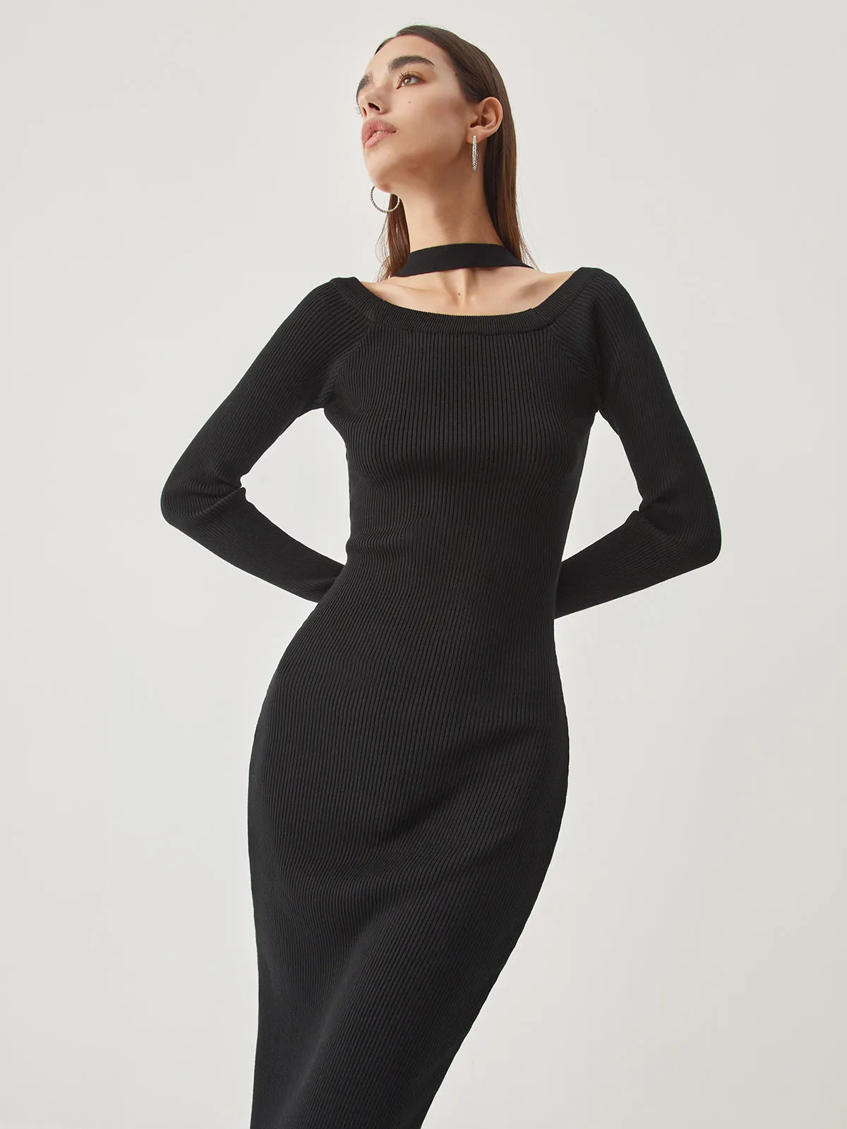 Rib Halter Long Trendy Sleeve Midi Sweater Dress