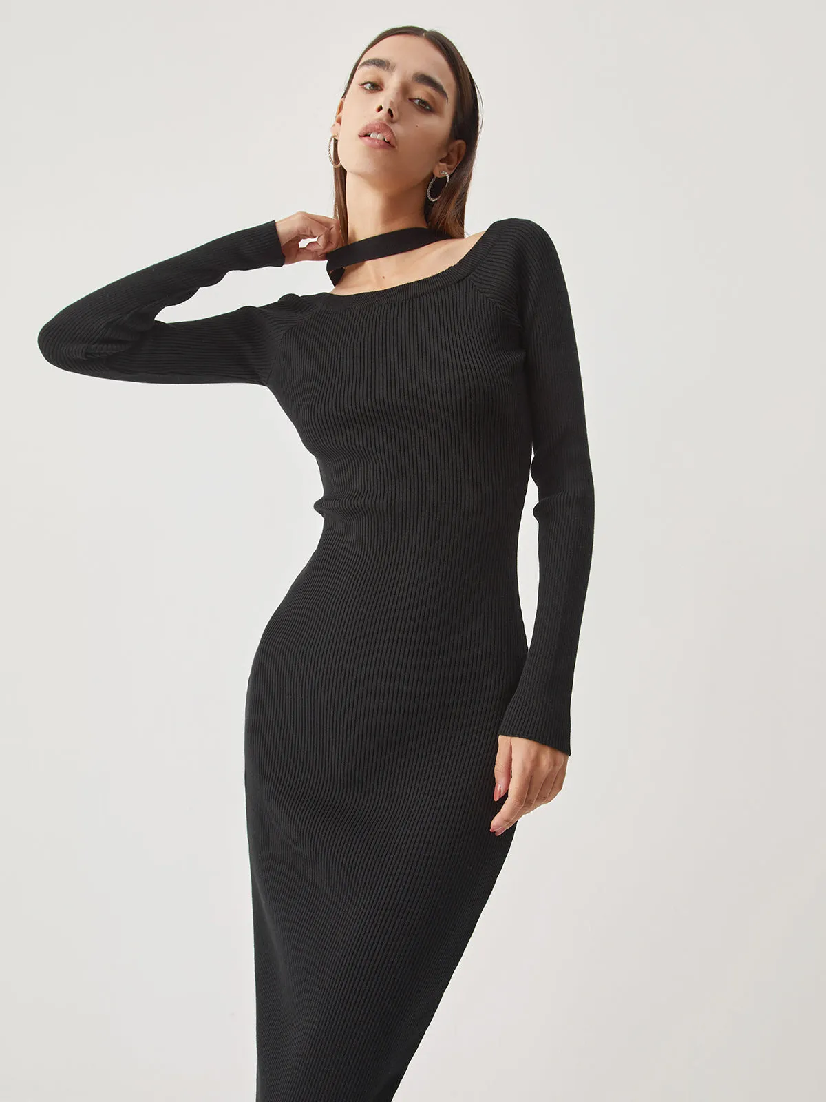 Rib Halter Long Trendy Sleeve Midi Sweater Dress