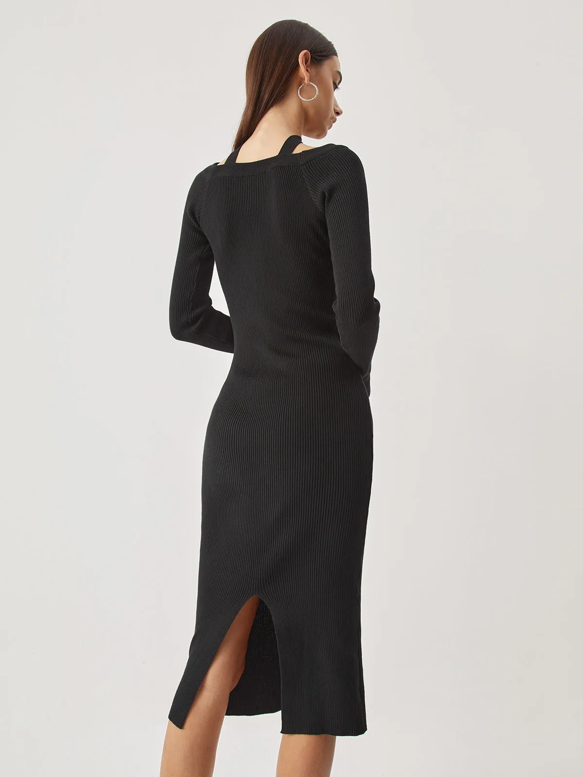 Rib Halter Long Trendy Sleeve Midi Sweater Dress