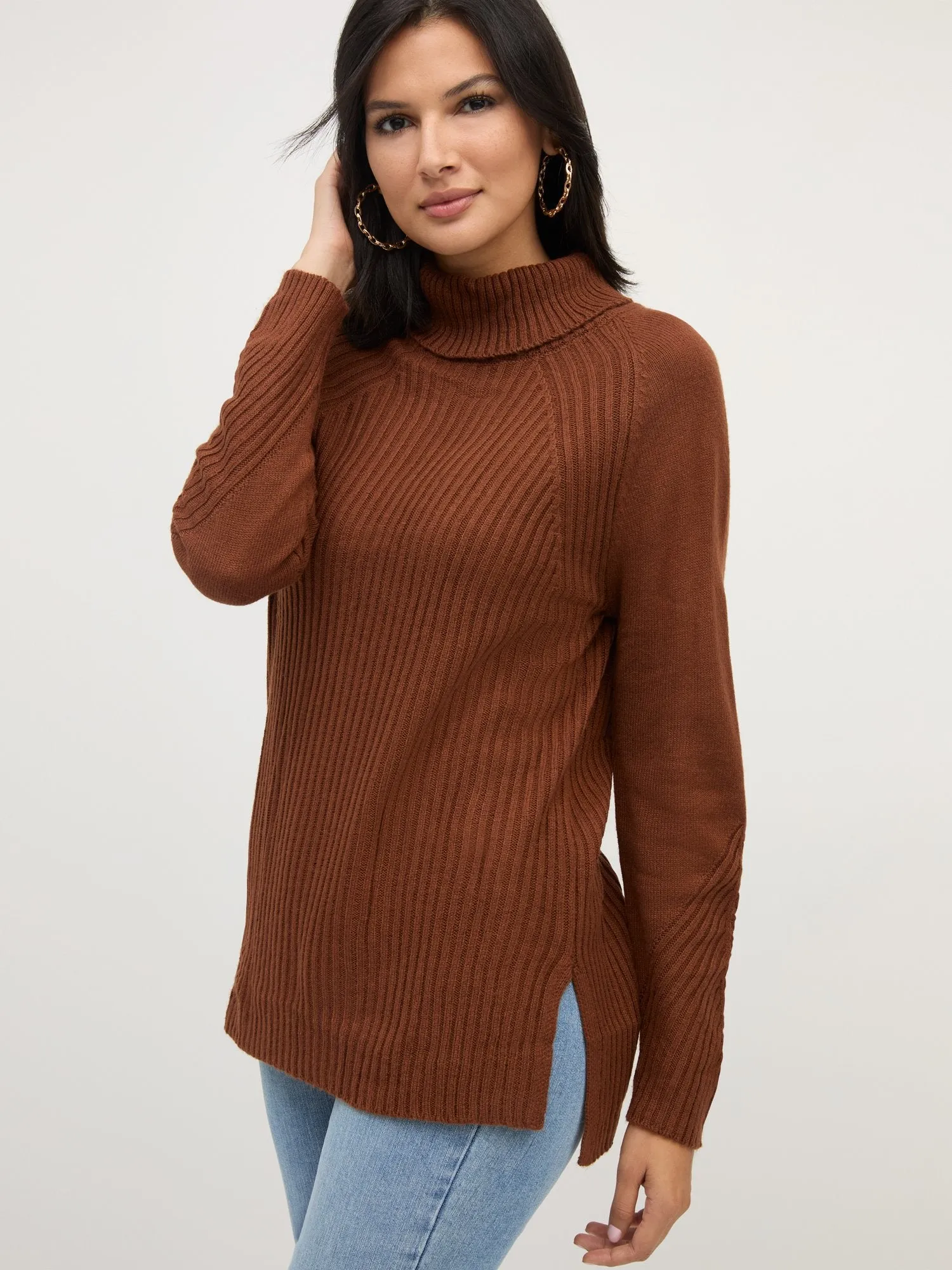 Ribbed High-Low Turtleneck Tunic Sweater